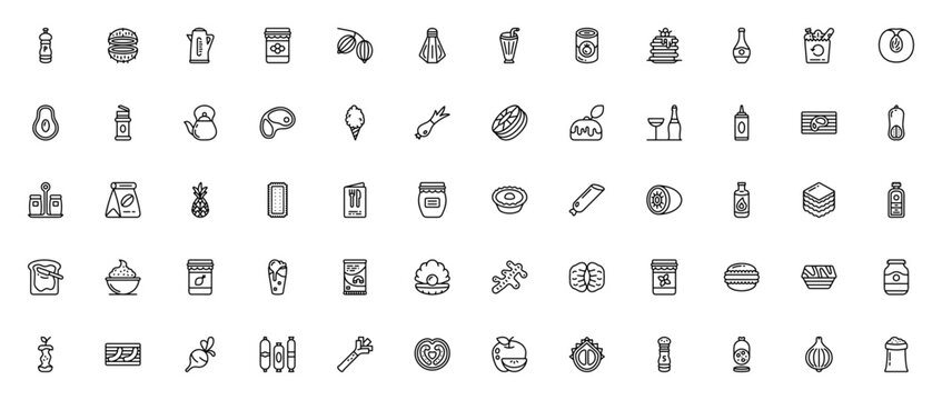 Gastronomy icon set. Food and drink vector collection. Includes symbols for pepper, steak, pancake, avocado, coffee, burger, cocktail and more. Editable stroke.
