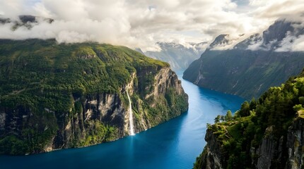 Fototapeta premium A serene fjord surrounded by lush green mountains and cloudy skies
