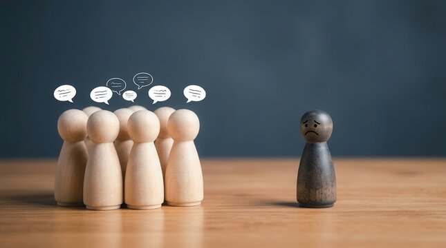 A sad wooden figure stands excluded from a group, highlighting bullying, discrimination, and social isolation.