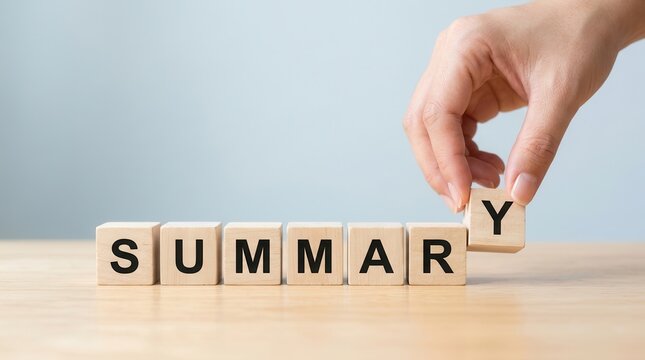 A hand completes the word SUMMARY with wooden cube blocks, symbolizing past performance analysis for learning and improvement.