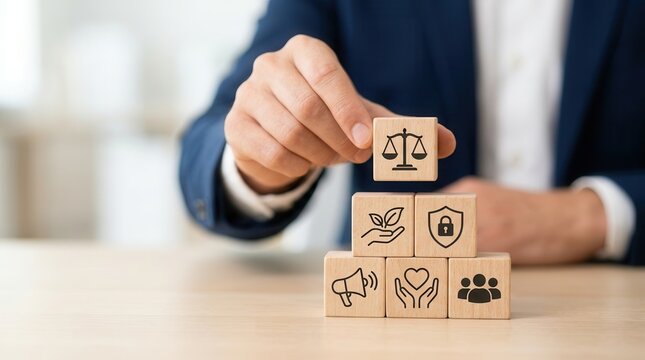 A human hand carefully places a wooden block with ethics icons, symbolizing marketing trust, transparency, and organizational values.