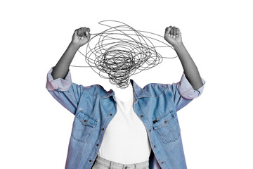 Composite trend artwork 3D sketch photo collage of headless incognito person mess stress line body stand gesture fist hands up power © deagreez
