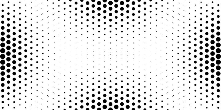 Halftone dots background with comic pop art border and grunge grain texture. Black and white abstract dotted pattern for retro design layouts and print.