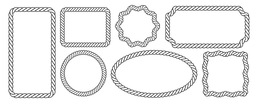 Nautical frame collection featuring vintage intertwined sailor ropes, braided nautical borders and classic marine geometric and organic shapes, oval and rectangular frames, flat vector design.