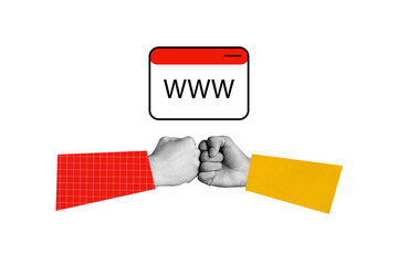 Creative collage picture hands body fragments interface web windows power support teamwork gesture...