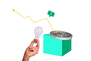 Creative collage image human hand hold lightbulb economy increase earnings money growth income...