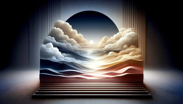 星空と雲に包まれた幻想的な抽象地形風景｜流線形デザインと宇宙ファンタジー背景