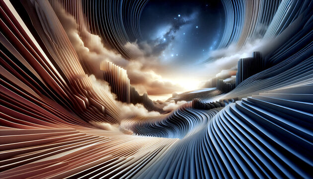星空と雲に包まれた幻想的な抽象地形風景｜流線形デザインと宇宙ファンタジー背景
