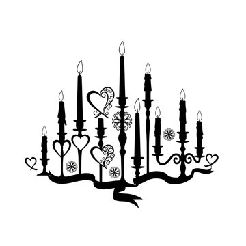 A black silhouette of a candelabra with hearts and flowers on a white background