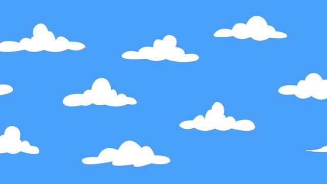 Cartoon clouds drifting across a bright blue sky background loop