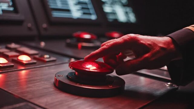 Set of glossy red emergency push buttons mounted on brushed metallic industrial bases with cinematic lighting for nuclear launch panic crisis management and critical alert signal system.