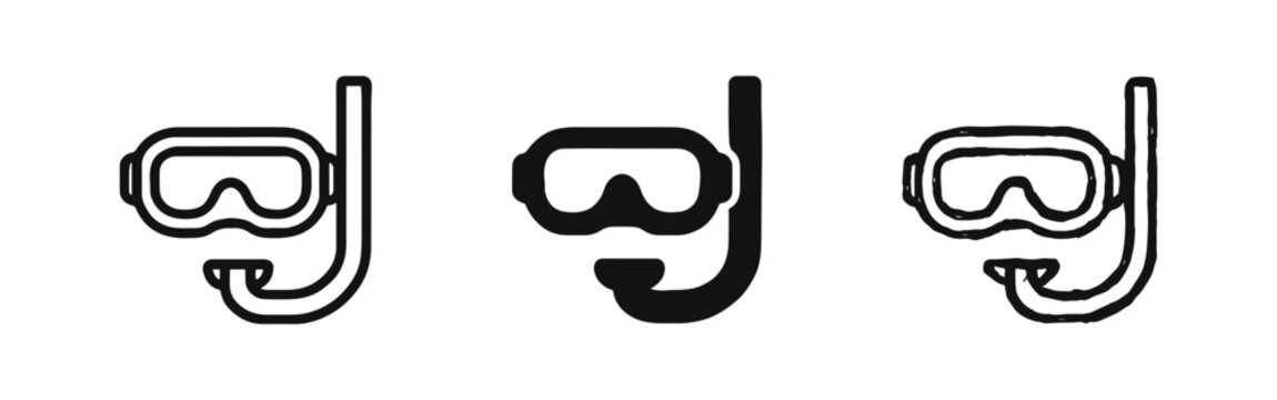 Scuba Diving Mask and Snorkel Icon Set in Outline Solid and Sketch Styles