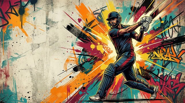 Cricket player batting in urban graffiti art style with colorful paint splash background showing dynamic motion energy for sports poster branding and creative design use