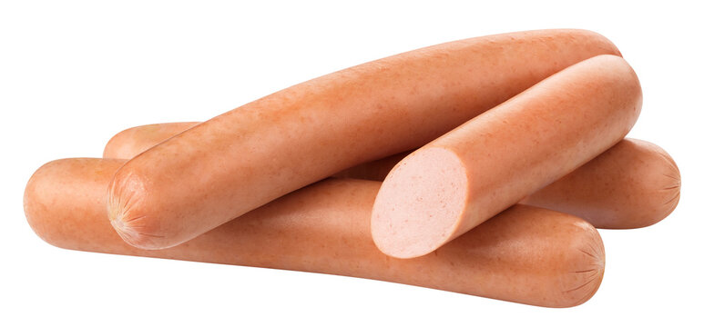 Four sausages with one cut piece showing inside, isolated on cutout transparent background