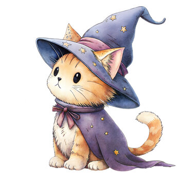 Hand-painted watercolor magic cat wizard. Charming ginger kitten mage with a starry hat and purple mantle for nursery decor and fantasy design isolated on white.