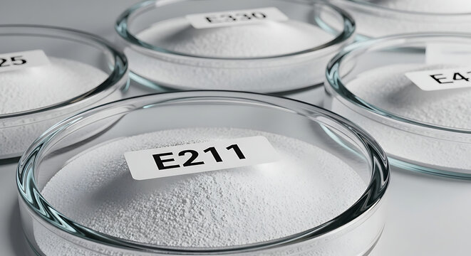 Petri dishes containing white powder with various E-numbers, close-up, studio shot