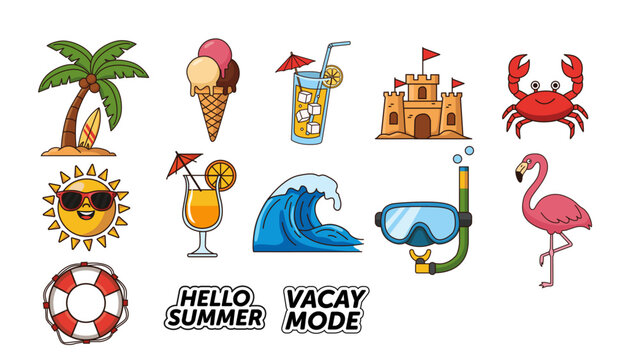 Summer Beach Sticker Set: Tropical Vacation, Surf, Sandcastle & Sea Life