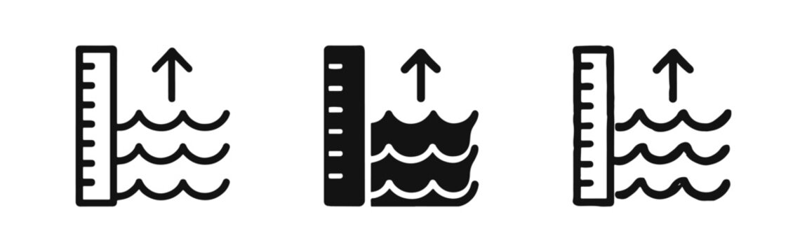 Rising Water Level Icon Set Showing Tide Increase or Flood Warning Measurement