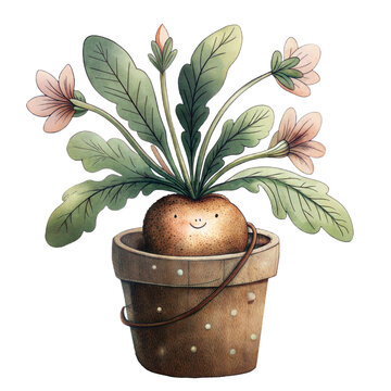 Hand-painted watercolor cute mandrake root character. Charming smiling magic plant with green leaves and pink blossoms in a decorative pot for nursery decor isolated on white.