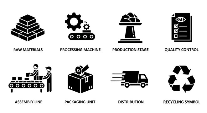 Industrial icons, manufacturing process, production workflow, supply chain symbols