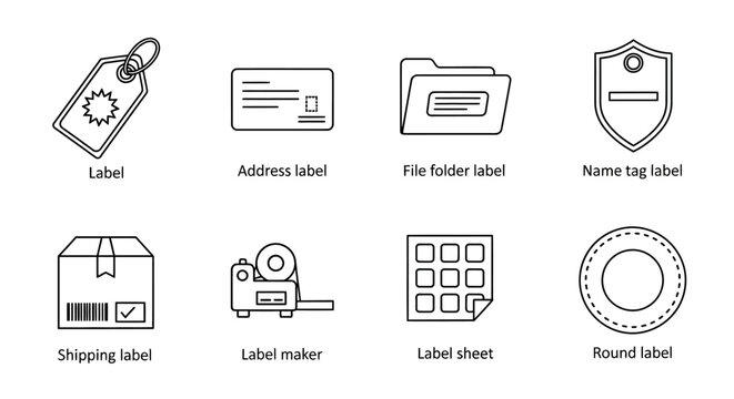 Label icons, label templates, sticker symbols, 8 editable vector graphics, label maker, address tag, file folder label