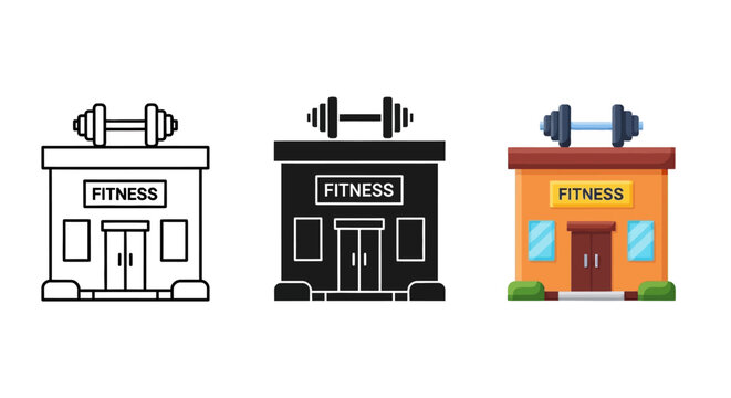 Fitness gym icons, vector workout symbols, colorful exercise signs, 3 storefront graphics