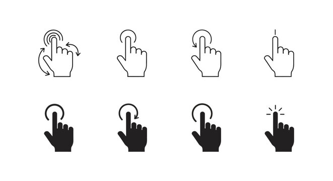 Hand cursor icons, click pointer symbols, computer mouse pointers, web navigation graphics