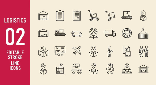 Logistics icons, editable stroke line icons, transportation symbols, business vector graphics