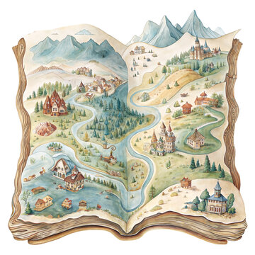 Hand-painted watercolor magic world map inside an open vintage book. Charming fairytale landscape featuring villages, a winding river, and snowy mountains for nursery decor and storytelling.