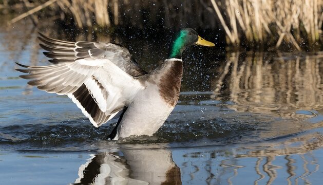 Mallard duck splashing water while flapping wings in natural lake with reeds behind it.