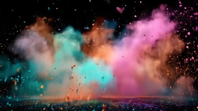 Vibrant cloud of multicolored powder exploding against dark background