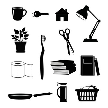A collection of black silhouette icons representing everyday household and office items