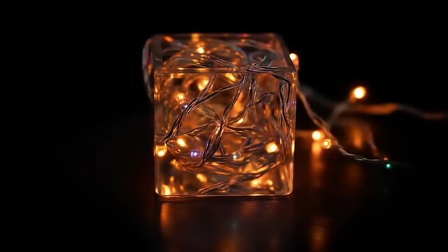 Illumination source encased in transparent geometric block against dark background