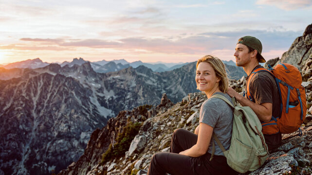 Happy young couple hiking at sunset sitting on mountain peak overlook, outdoor adventure, travel lifestyle, active wellness, scenic landscape nature background