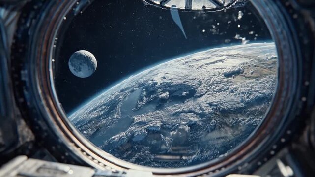 View of Earth from a space station with the moon in the background during orbit on a clear day