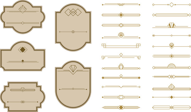 Classic label collection with refined geometric ornaments and borders in art deco style. Elegant vintage frames and ornamental dividers for luxury packaging, branding and premium product