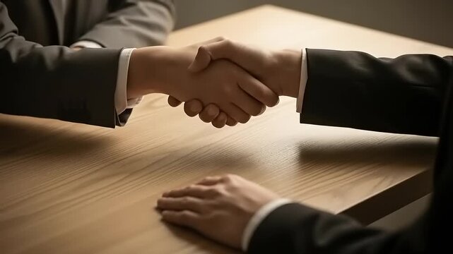 Business professionals shaking hands at a wooden table symbolizing agreement and partnership.