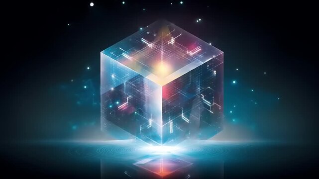 Luminous transparent geometric shape levitating above reflective surface with glowing particles