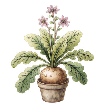 Hand-painted watercolor magic mandrake herb. Charming fantasy root plant with green leaves and blossoms in a terracotta pot for herbology and wizardry design.