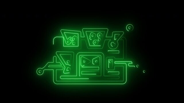 Neon green glowing circuit board design on a black background with a futuristic and technological mood.