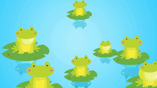 Cute Cartoon Frogs Floating on Lily Pads in Blue Water