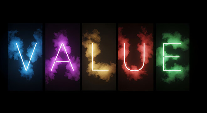 Vibrant neon text 'VALUE' illuminated against a smoky backdrop, symbolizing importance and significance