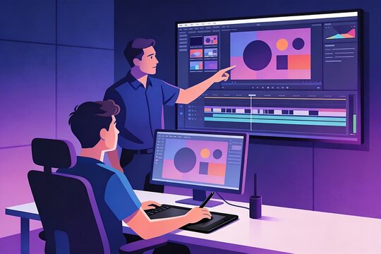 Generative Ai digital artists collaborating on graphic design project in a modern studio