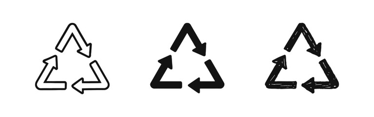 Recycling symbol icon set with outline, solid, and hand-drawn sketch styles for environmental sustainability. © ICONS FOR YOU