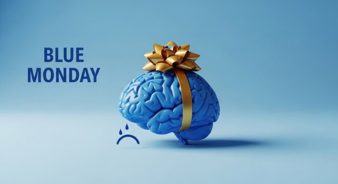 Blue Monday concept with brain, ribbon, and sad face, symbolizing seasonal affective disorder.