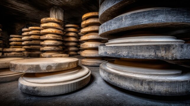 Rows of Large Cheese Wheels Aging in a Traditional Dairy Storage Cellar, Showcasing Traditional Food Production