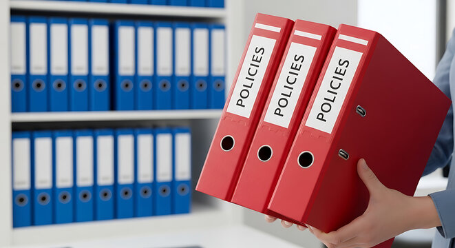 Red binders labeled Policies neatly stacked on a shelf, representing organization and compliance