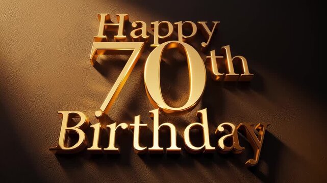 Happy 70th birthday celebration anniversary golden metallic 3D text elegant greeting on dark background with warm light shadow