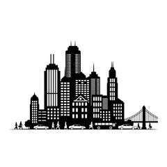 Obraz premium A black and white vector graphic illustration of a city skyline with a bridge, buildings, and people walking