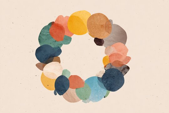 Abstract watercolor collage wreath of overlapping organic shapes in muted earth tones on a textured beige background